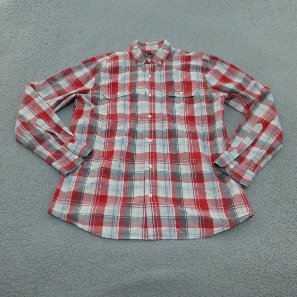 Gap Shirt Mens Large Classic Fit Plaid Button Down Red White Grey Casual